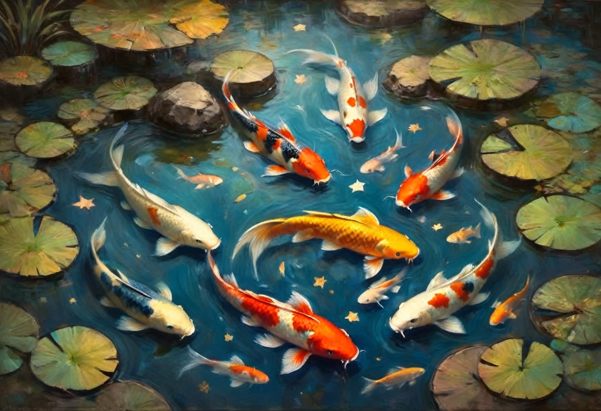 koi pond, serene surface, a few colorful koi swim, an amazing starry sky is reflected on the waters surface, viewed from above, otherworldly beauty