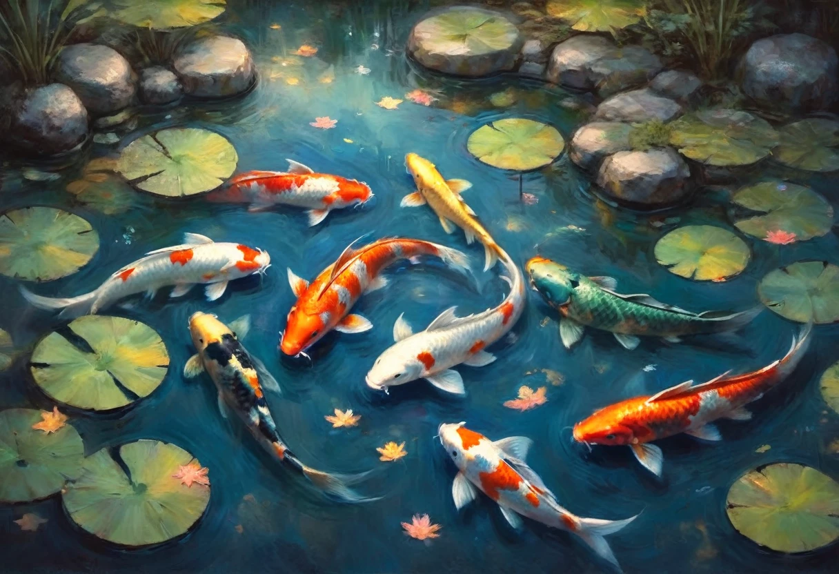 koi pond, serene surface, a few colorful koi swim, an amazing starry sky is reflected on the waters surface, viewed from above, otherworldly beauty