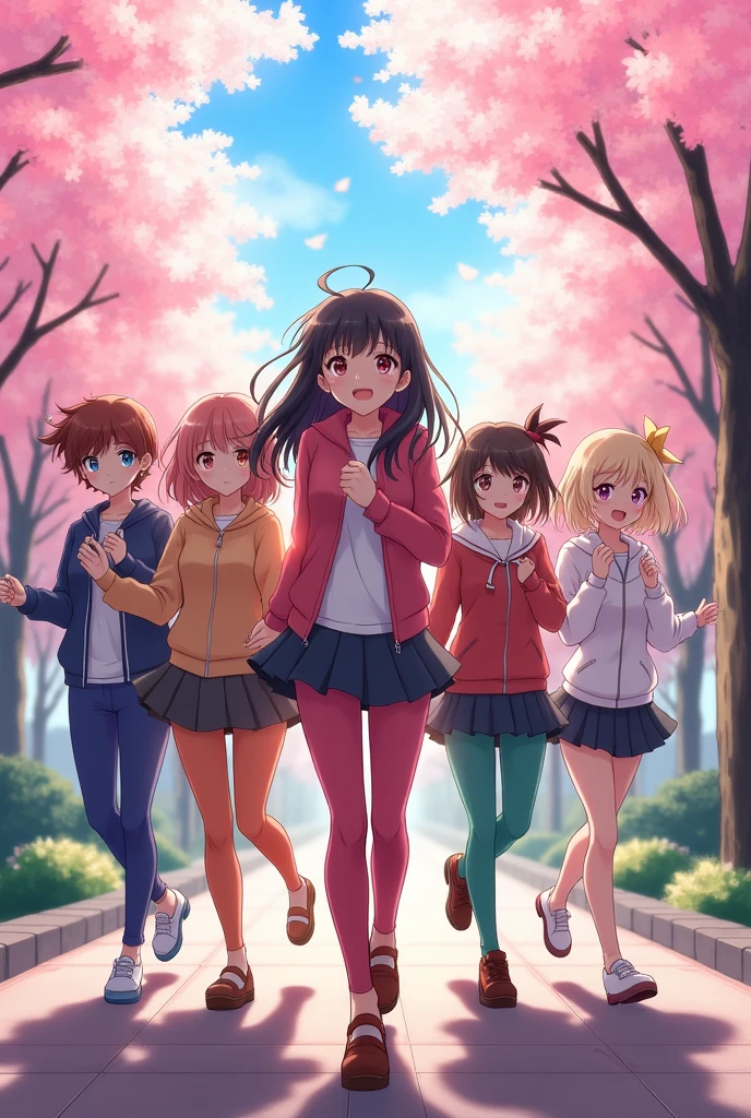 Anime girls in leggings approaching the camera