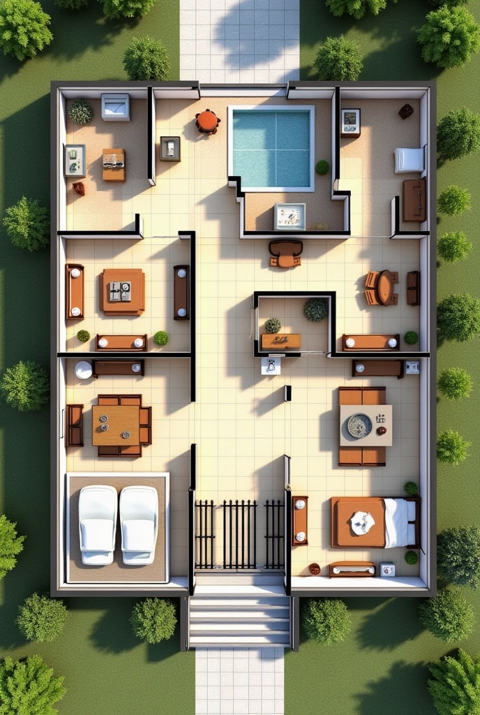 Create a floor plan for a two-story boarding school containing:
garden gates entrance main hall kitchen dining room library tv room women's changing room men's changing room sports court swimming pool barbecue area stairs boardroom at least 6 bedrooms