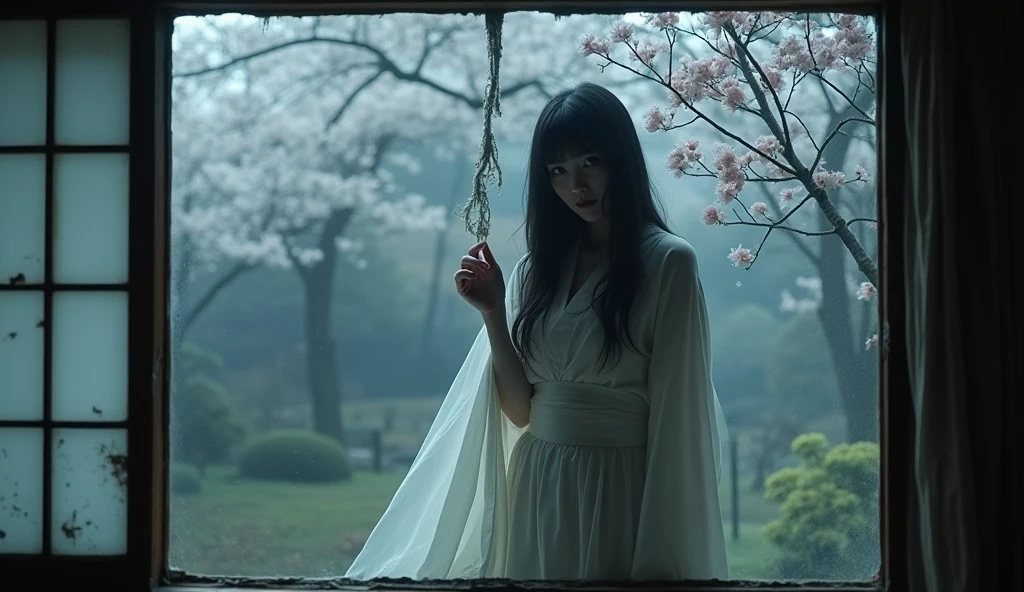 Female ghost seen through rough window Japan