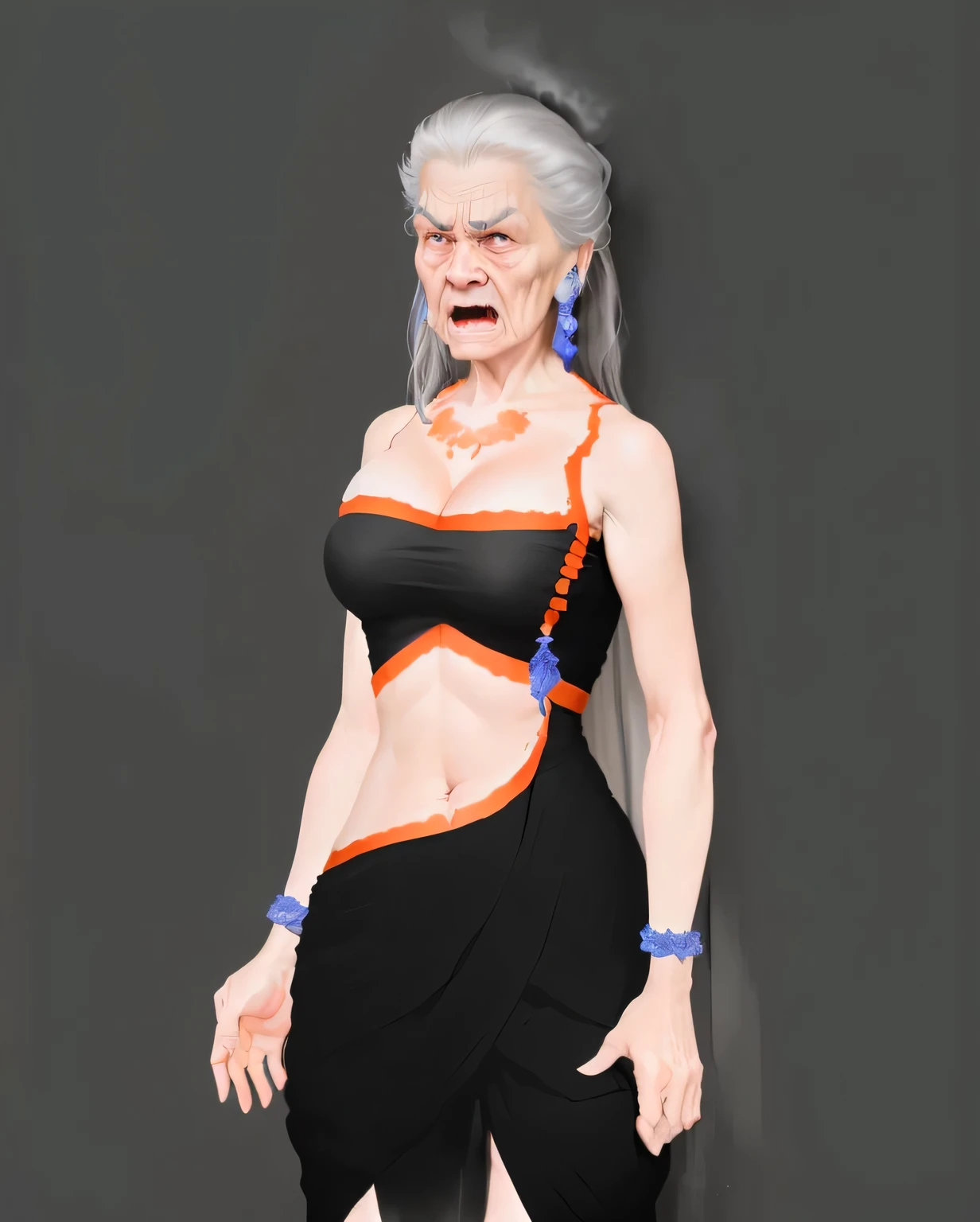Create an angry image of a 100-year-old woman with wrinkled skin, wrinkled arms and legs, wrinkled breasts, wrinkled gray hair, and physical ailments. 