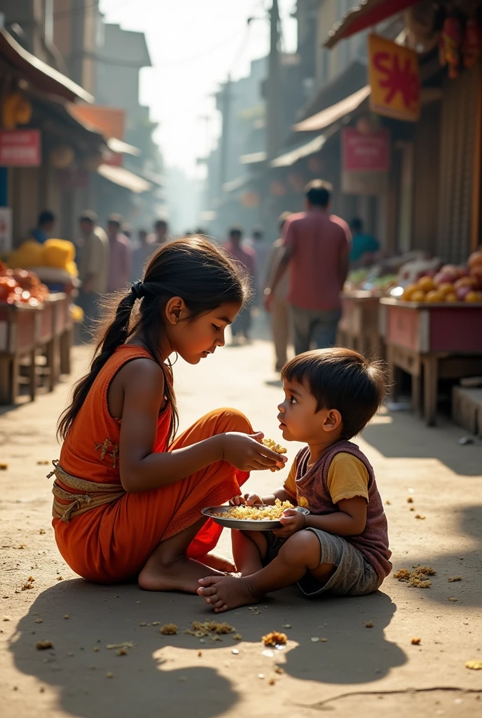 An Indian poor sister feeding her younger brother on the road