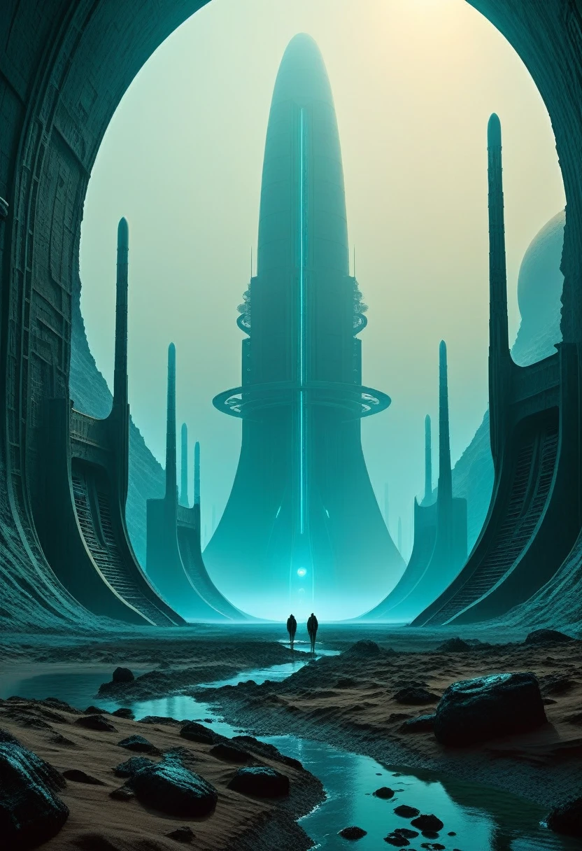 science fiction scenery , inspired by (Zdzislaw Beksinski:1.2) and (Mark Briscoe:1.1) , futuristic sci-fi style, futuristic, technological, alien worlds, space themes, advanced civilizations, limited color palette, high contrast, depth of field,
