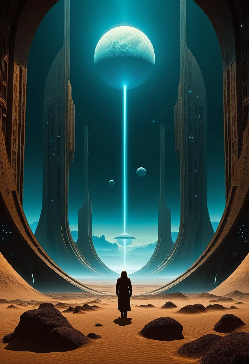 science fiction scenery , inspired by (Zdzislaw Beksinski:1.2) and (Mark Briscoe:1.1) , futuristic sci-fi style, futuristic, technological, alien worlds, space themes, advanced civilizations, limited color palette, high contrast, depth of field,