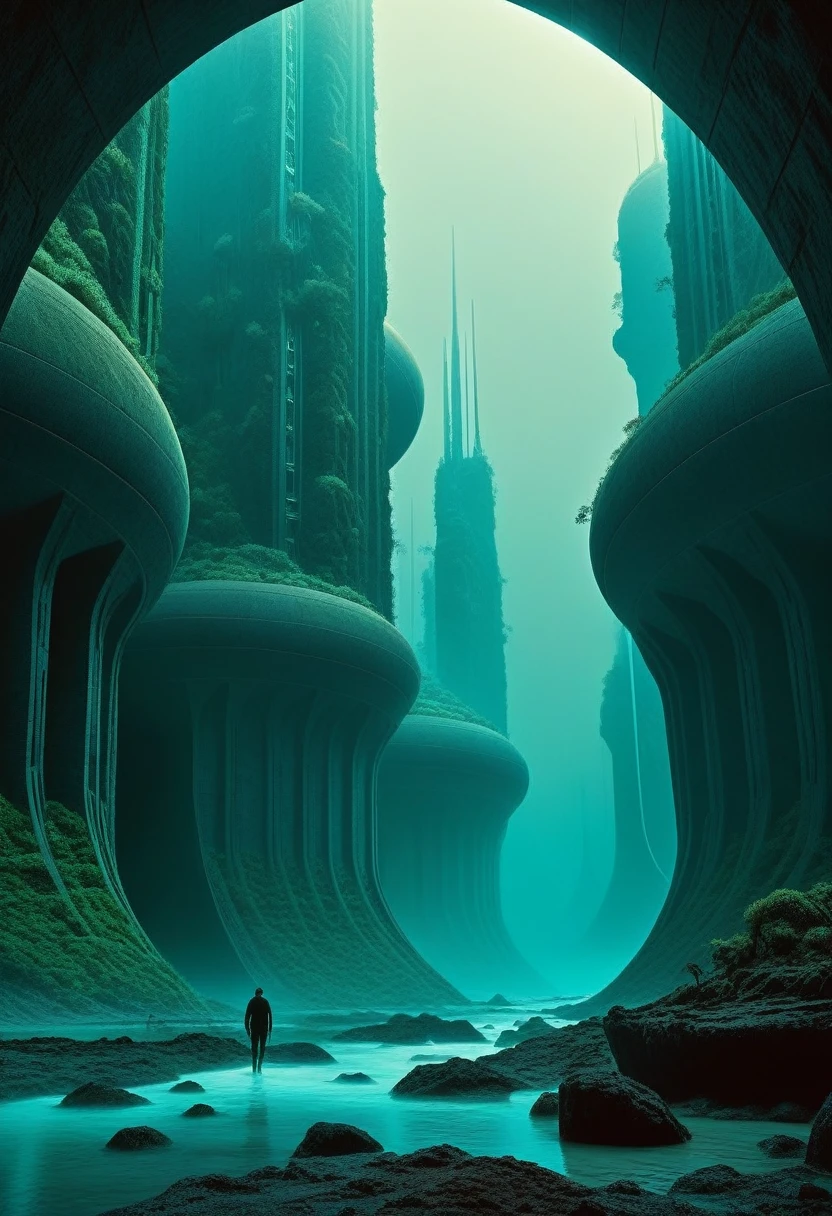 science fiction scenery , inspired by (Zdzislaw Beksinski:1.2) and (Mark Briscoe:1.1) , futuristic sci-fi style, futuristic, technological, alien worlds, space themes, advanced civilizations, limited color palette, high contrast, depth of field,