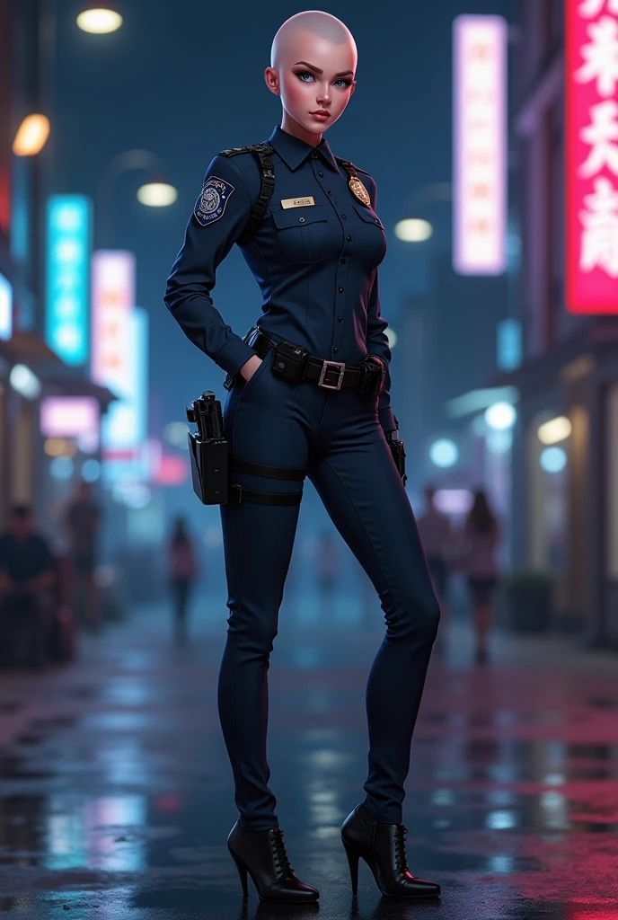 digital anime art, highly detailed, reference sheet, standing pose, feminine features, mature woman, adult female, tall figure, whole body, bald, form-fitting, police uniform, holster belt, pants, shoes, 1woman, solo, upper body, lower body, ((Extremely Detailed)), ((Best Quality)), ((Masterpiece)), ((4k)).