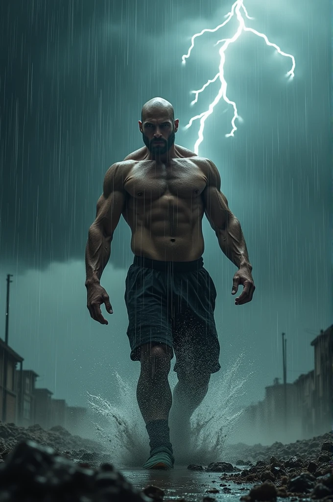 Generates a very strong bald man walking in a storm backwards