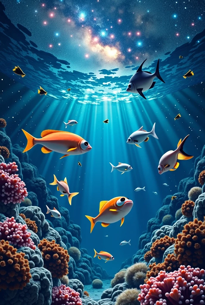 Starry Sky, art,　 as under deep sea lighting, Lots of sparkling stars、　realistic, 　fish、Ray、octopus、Squid、Tropical fish、in deep space, cosmic shower、