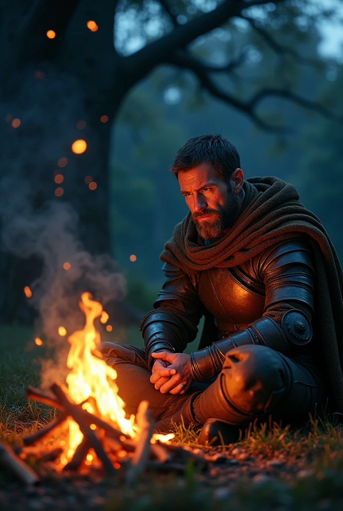 weary warrior resting near bone fire at night image resolution should be 1080 720