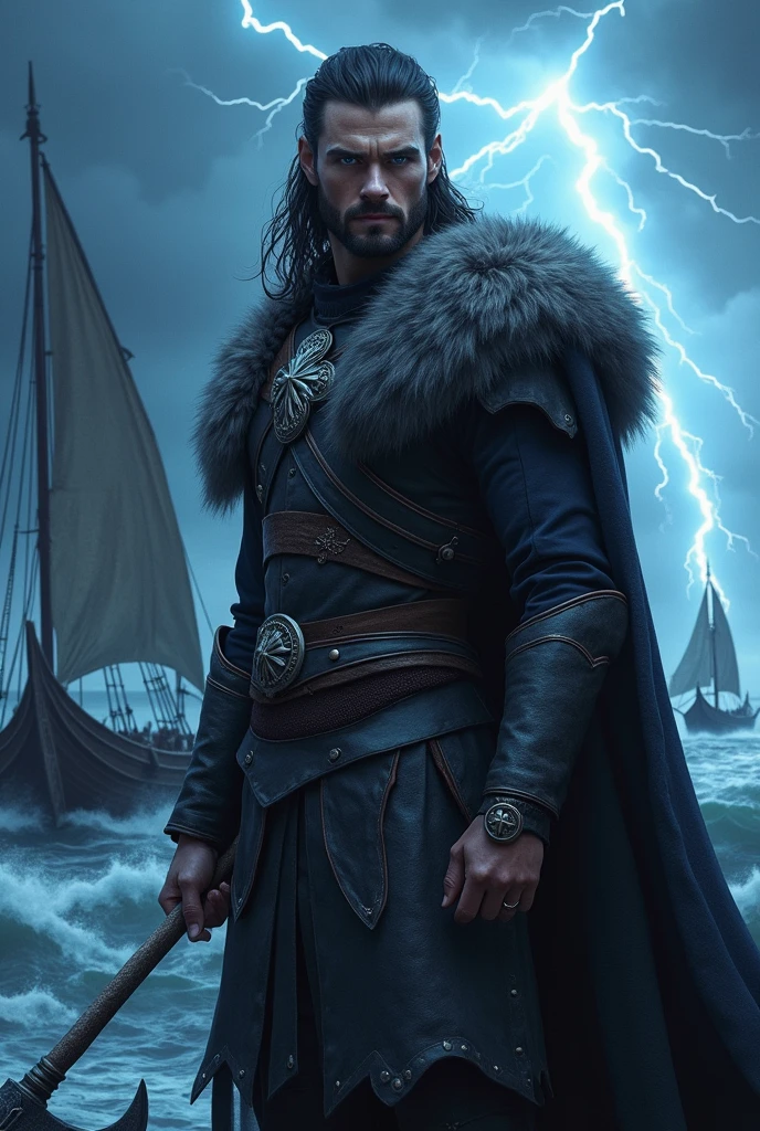 I apologize for the confusion. Let's create a more specific prompt that clearly describes a human character to avoid any misinterpretation. Here's a revised version:
**Cover Art Prompt: Thorvik, the Viking Warlord**
Character:
- Human male, mid-30s, NOT an animal or hybrid
- Face: Handsome, rugged features similar to Ian Somerhalder
- Eyes: Piercing blue-white like the Night King from Game of Thrones, glowing with supernatural intensity
- Hair: Dark, shoulder-length, partially braided in Viking style
- Beard: Medium-length, well-groomed with small braids
Physique:
- Athletic and muscular build, similar to a Viking warrior
- Height: Approximately 6'1" (185 cm)
Attire:
- Dark leather armor with metal accents
- Fur-trimmed cloak made from wolf pelts
- Silver arm rings and necklace with runic engravings
Weapons:
- Holding a decorated battle axe in one hand
- Long sword visible, sheathed at his waist
Pose:
- Standing confidently, facing slightly to the side
- One hand gripping the battle axe, the other hand at his side or on his sword hilt
Expression:
- Intense, determined look
- Slight smirk suggesting confidence and danger
Background:
- Stormy Nordic coastline with longships visible in the distance
- Dark, brooding sky with flashes of lightning
- Swirling mist partially obscuring the lower part of the image
Key Focus:
- Thorvik's supernatural eyes should be the most striking feature
- Emphasize the contrast between his human appearance and the otherworldly eyes
Style:
- Realistic dark fantasy
- High contrast lighting to highlight the character against the stormy background
Important Note:
- The character must be fully human in appearance, not a werewolf or any kind of animal hybrid
This prompt should clearly communicate that Thorvik is a human character with distinctive, supernatural eyes, avoiding any confusion with animal features. The emphasis on his human Viking appearance with the unique eye color should create a striking and appropriate cover image fo