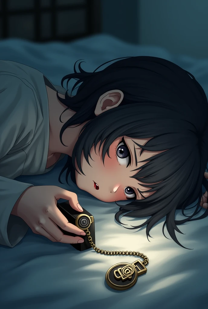 anime girl lying sad, with phone in hand with chain around neck with a pendant with the letters “CQNTD” Resolution 3000x3000