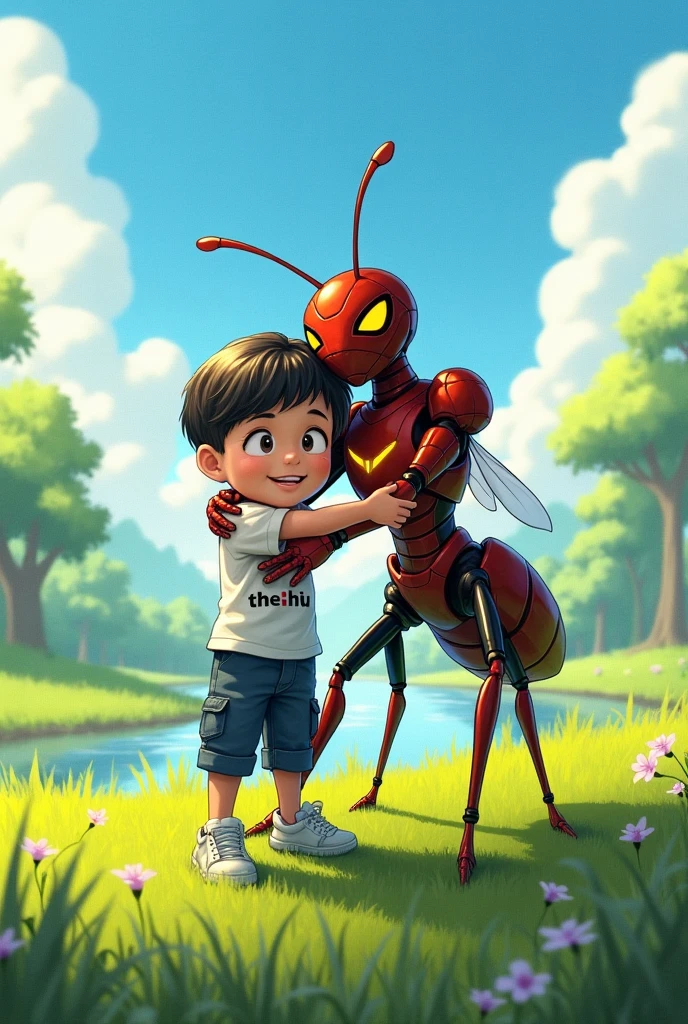 It is afternoon, a big green land and a river. An ant which is wearing an ironman suit. A boy with middle hair cut is standing with the ant. The boy is wearing a t shirt, cargo pant and a white shoes. “theeihu” is written in the boy's t shirt. The boy and the ant hugging each other.