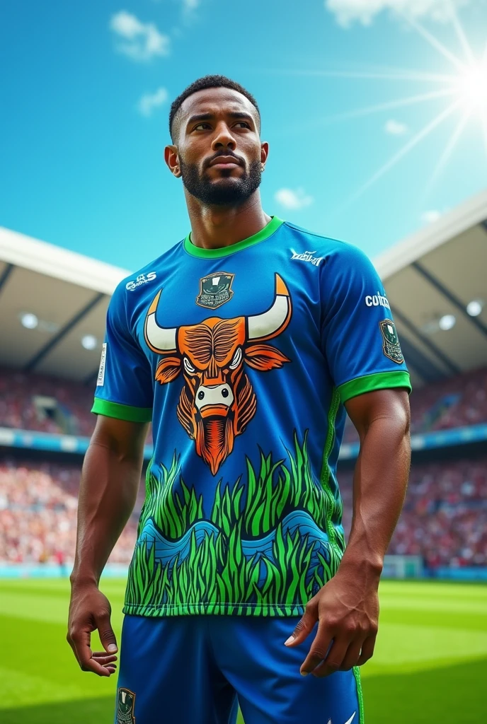 Soccer uniform with blue and green colors , with symbols of a bull , a lobster , the sea and the grass