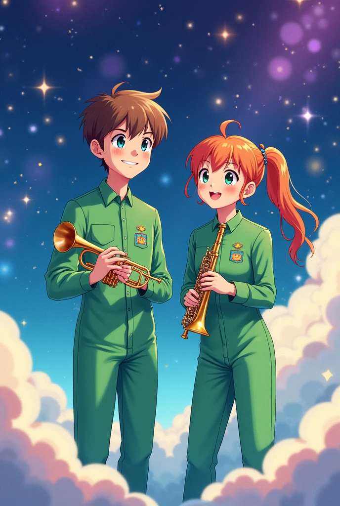 A refreshing young man and woman in anime style wearing green long-sleeved jumpsuits. The background is space. Holding a trumpet and a clarinet in their hands. Long sleeves. A little more cute anime style.