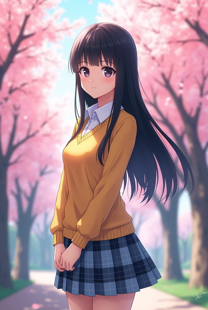 Black-haired Japanese high school girl。
The uniform is realistic and photo-like, with a white shirt, yellow sweater and light blue, navy and grey checkered skirt.。
The length of the skirt is just above the knees, the length of the hair is just down to the waist, the bangs are long enough to cover the eyebrows, Nogizaka 46-like, seen from the right diagonal, the height is 180cm。
The eyes are slanted and narrow, almost like a photograph.