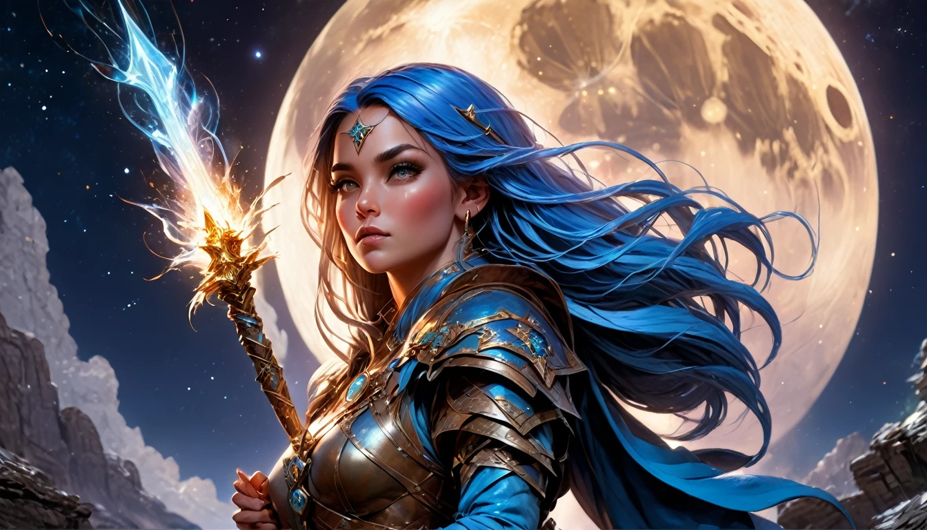 comic art  ((larry elmore style)), dnd art, rpg art, realistic art, female human druid of the stars, guardian of nature, controlling magical energy made of stars, swirling blue stary magical light, divine symbols, under the sky filled with stars, human female, busty, extremally beautiful, ultra feminine, dynamic hair, dynamic hair color, wearing leather armor, holding a staff, moon light, stars,  dynamic natural background,  RPG art, magical atmosphere magic-fantasy-sky full with colorful stars, high details, best quality, 16k, [ultra detailed], masterpiece, best quality, (extremely detailed), dynamic angle, ultra wide shot, photorealistic, ((fantasy art)) ultra best realistic, best details, best quality, 16k, [ultra detailed], masterpiece, best quality, (extremely detailed), ultra wide shot, photorealism, depth of field, hyper realistic painting, 3D rendering, rpg portrait