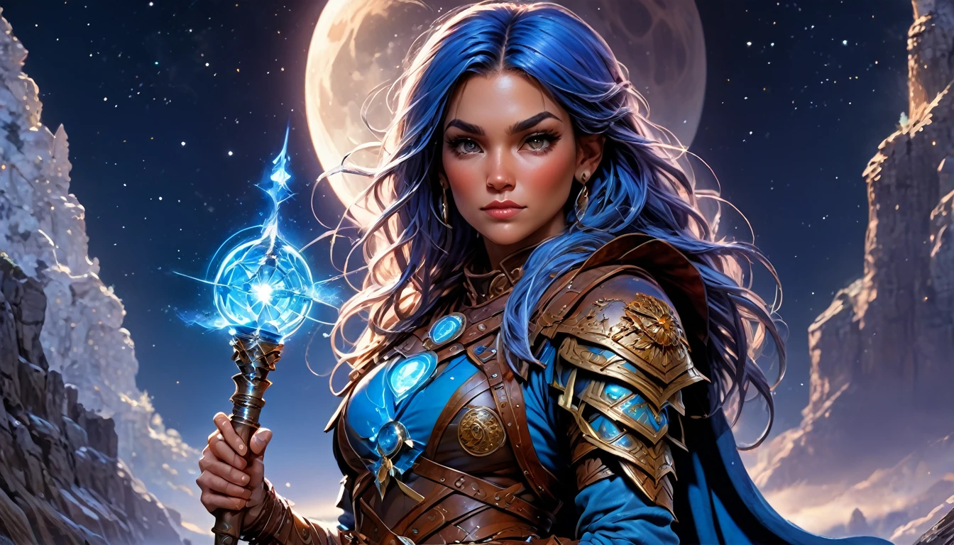 comic art  ((larry elmore style)), dnd art, rpg art, realistic art, female human druid of the stars, guardian of nature, controlling magical energy made of stars, swirling blue stary magical light, divine symbols, under the sky filled with stars, human female, busty, extremally beautiful, ultra feminine, dynamic hair, dynamic hair color, wearing leather armor, holding a staff, moon light, stars,  dynamic natural background,  RPG art, magical atmosphere magic-fantasy-sky full with colorful stars, high details, best quality, 16k, [ultra detailed], masterpiece, best quality, (extremely detailed), dynamic angle, ultra wide shot, photorealistic, ((fantasy art)) ultra best realistic, best details, best quality, 16k, [ultra detailed], masterpiece, best quality, (extremely detailed), ultra wide shot, photorealism, depth of field, hyper realistic painting, 3D rendering, rpg portrait