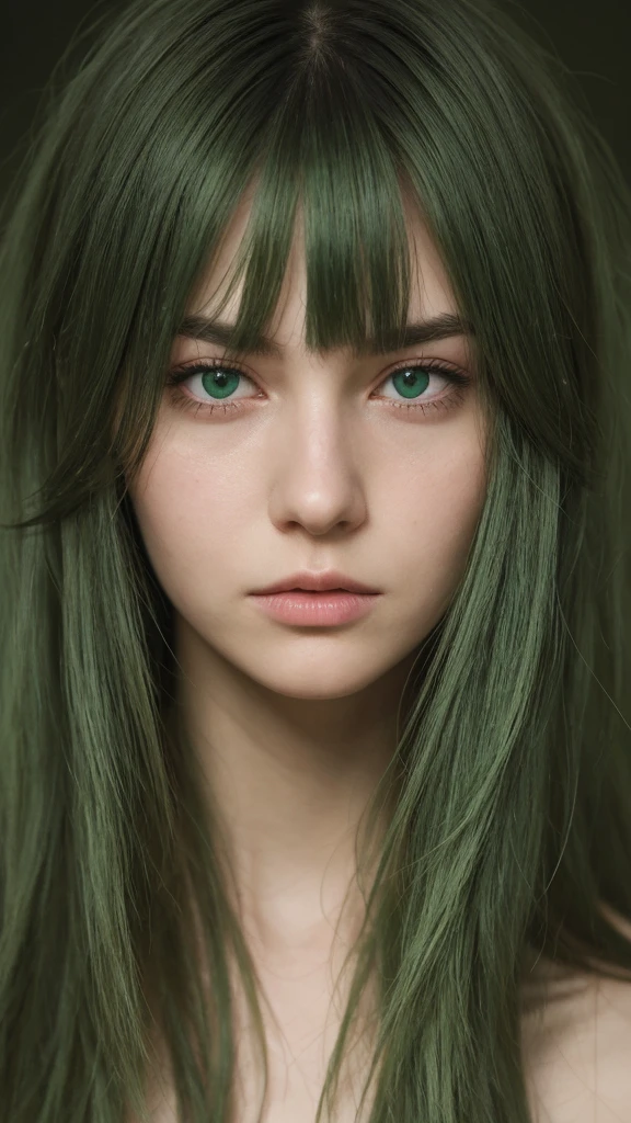 a girl. European. Extremely detailed face. Oval face. Delicate facial features. Half-closed eyes. Long straight hair. Messy hair. Bangs. Green hair. Green eyes. angry. sad. Shy