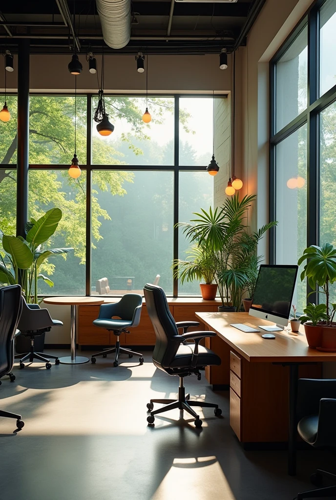 Make a picture of an office, where there is a work area that contains a desk with its respective computer and tables and chairs for socializing. 
