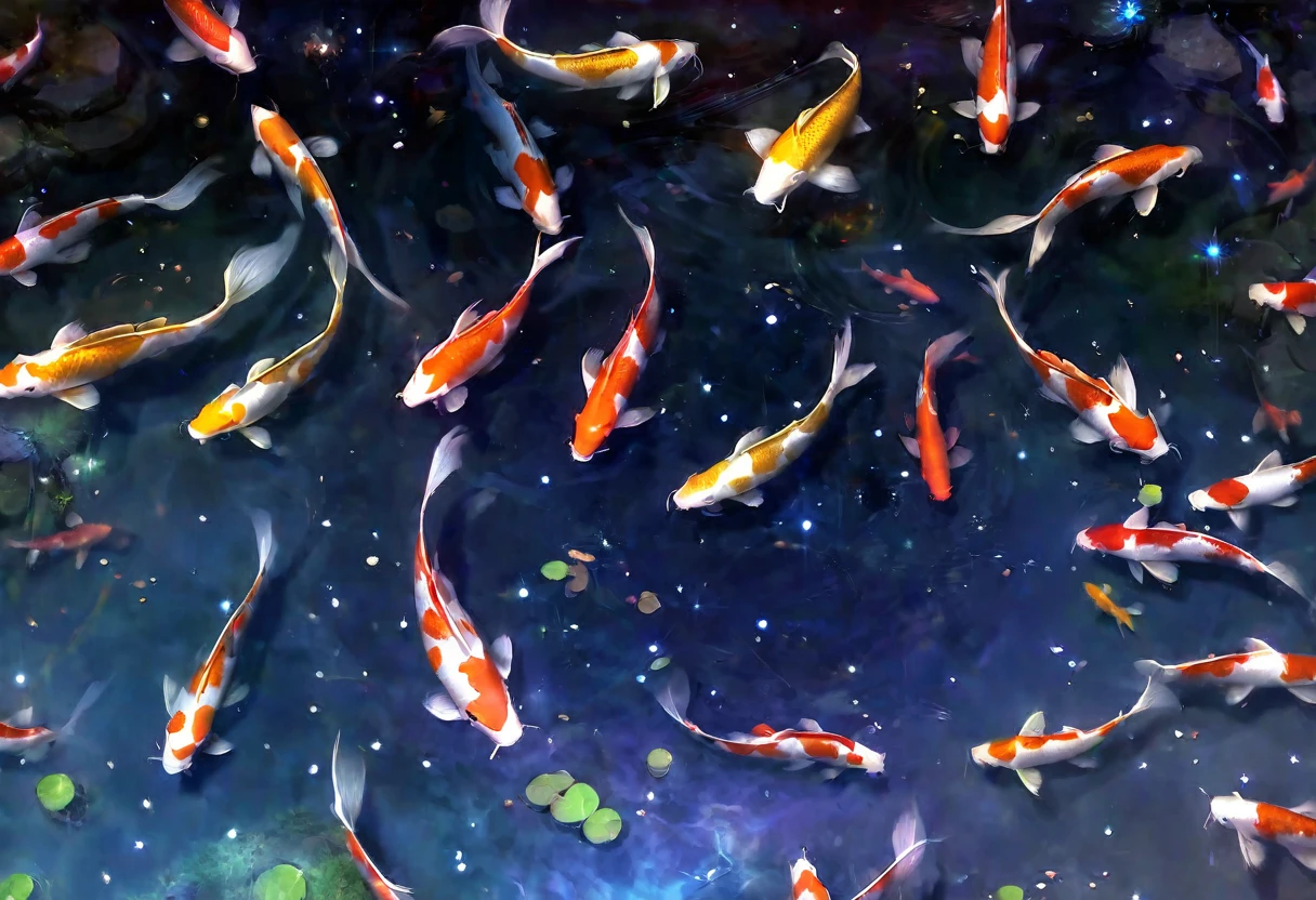 koi pond, serene surface, a few colorful koi swim, an amazing starry sky is reflected on the waters surface, viewed from above, otherworldly beauty
