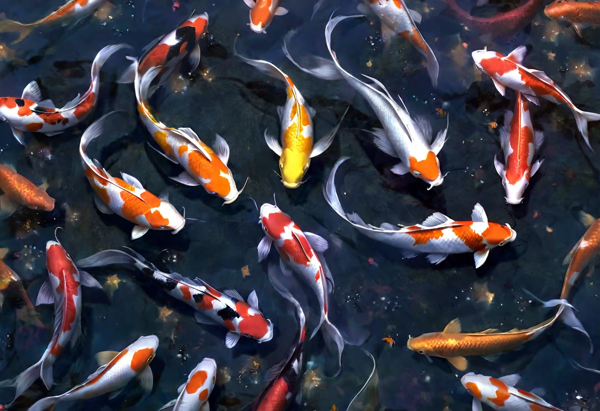 koi pond, serene surface, a few colorful koi swim, an amazing starry sky is reflected on the waters surface, viewed from above, otherworldly beauty
