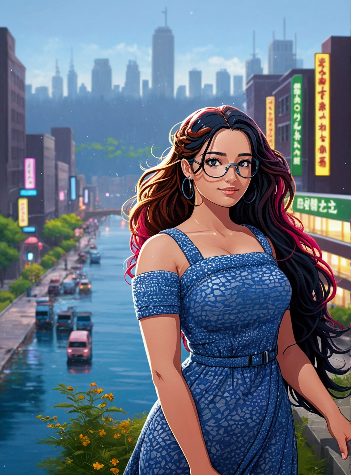 Life like Render, Photorealistic, hyper detailed, Editorial, stylistic manga art style, winter on an Island city sector with numerous government buildings on a campus with multiple high rise buildings, parks, streets, shopping, train station with in the bay of a bigger ultra modern metropolis with colorful pastel neon lights, sea, mountains, sunrise, combination of cyber punk modern and art nouveau architecture as the snow falls down, view of metropolis, sunrise a soft beautiful 36 yr old, mulatto, female WITH golden skin, curly BLACK hair ombre blonde tips, hazel green eyes &, wearing eyeglasses, standing outside in puffer coat admiring city view at sunrise
