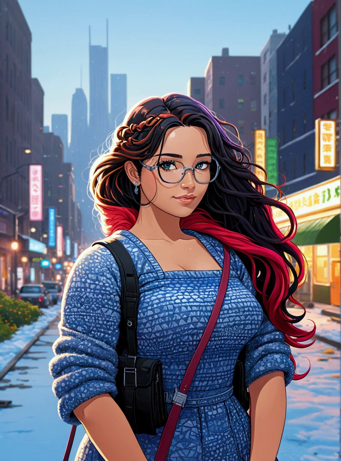 Life like Render, Photorealistic, hyper detailed, Editorial, stylistic manga art style, winter on an Island city sector with numerous government buildings on a campus with multiple high rise buildings, parks, streets, shopping, train station with in the  bay of a bigger ultra modern metropolis with colorful pastel neon lights, sea, mountains, sunrise,  combination of cyber punk modern and art nouveau architecture as the snow falls down, view of  metropolis, sunrise a soft beautiful 36 yr old, mulatto, female WITH golden skin, curly BLACK hair ombre blonde tips, hazel green eyes &, wearing eyeglasses, standing outside in puffer coat admiring city view at sunrise