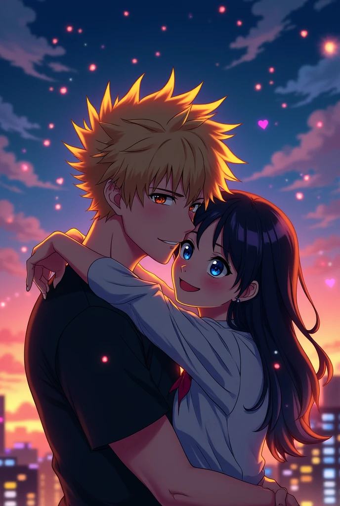 Adult Katsuki bakugo with a Young woman, black hair, blue eyes, shorter than him and hugging each other like a photo selfie