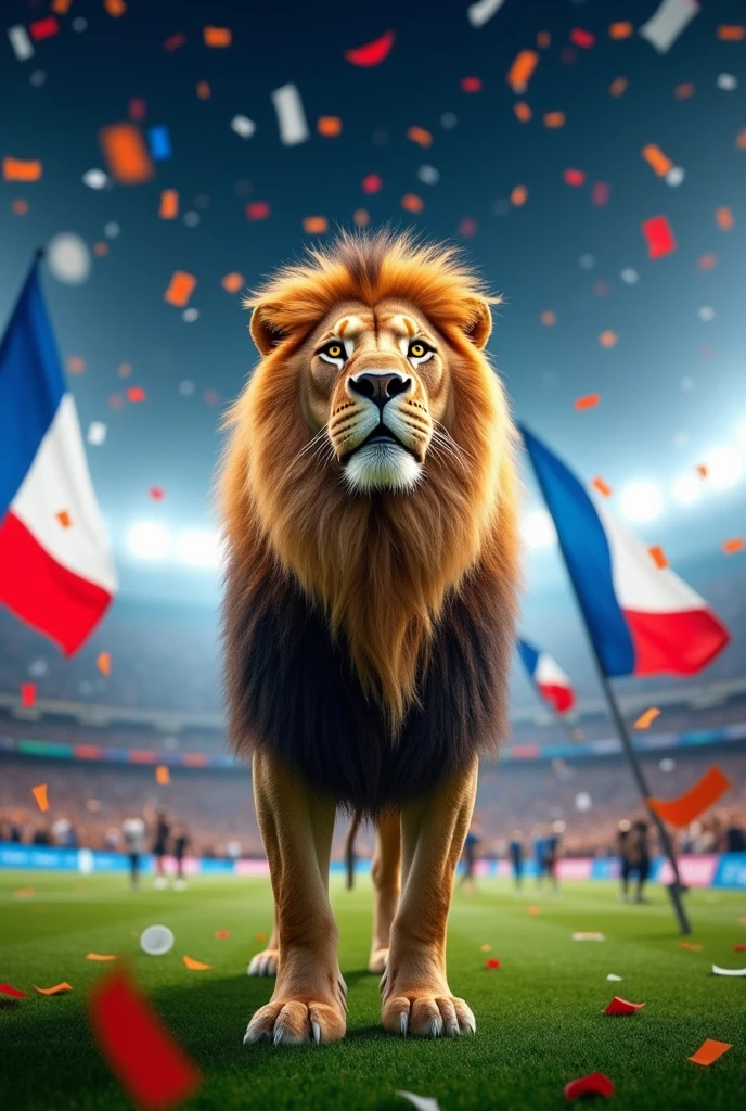 A lion in the stadium with French flags
