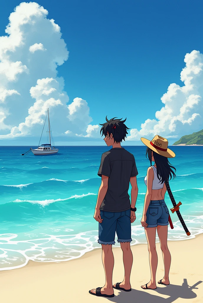 Make an image of 2 agers, one with black hair and red strands, approximately 19 years old. another 18 year old blond teen. a girl of approximately with a sheriff's hat and a katana on her back seeing a beach and a boat on it