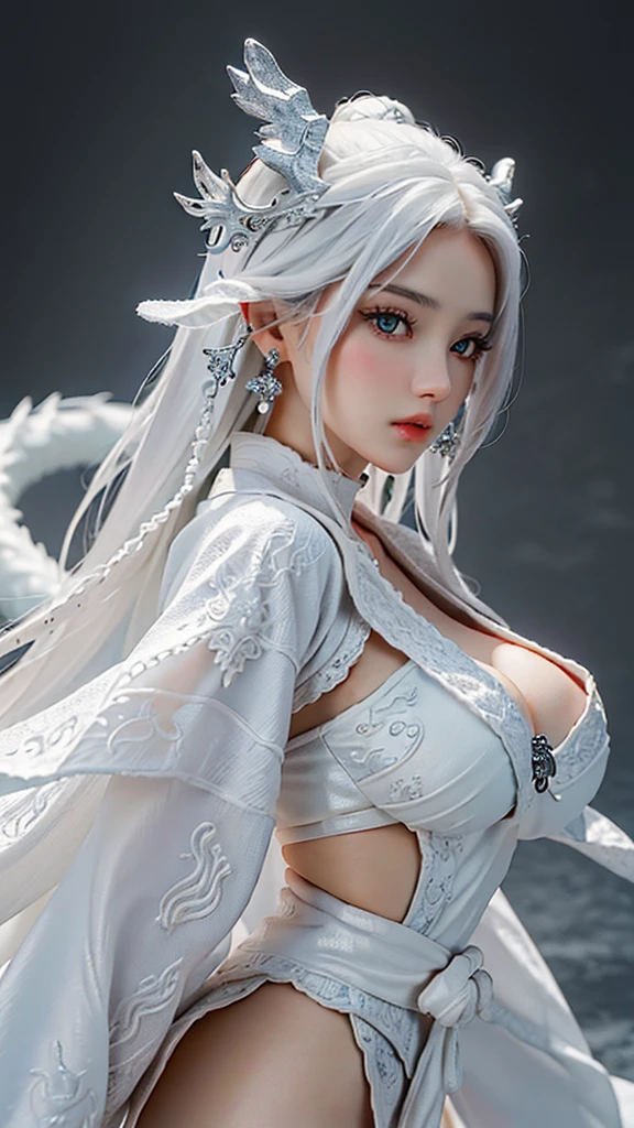 best quality,masterpiece,Ultra-high resolution,photoactual:4：0,Snow,A hot oriental woman,Crystal clear white long flowing hair,White dragon scale head style,Big breasts,thin waist,Bright white dragon scale robe,sideways,Above the waist,Close up