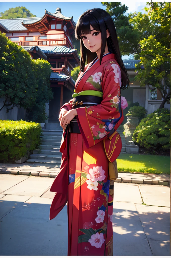 Japanese girl looking at viewer, (8k, raw photo, masterpiece:1.3), (realist, photorealist:1.1), 1 girl, Best Quality ,hyper detailed, High resolution, Skinny body, (happy, happy,smile:0.9), casa oriental, outdoor, field, thighs, (kimono:1.2),medium chest, long black hair