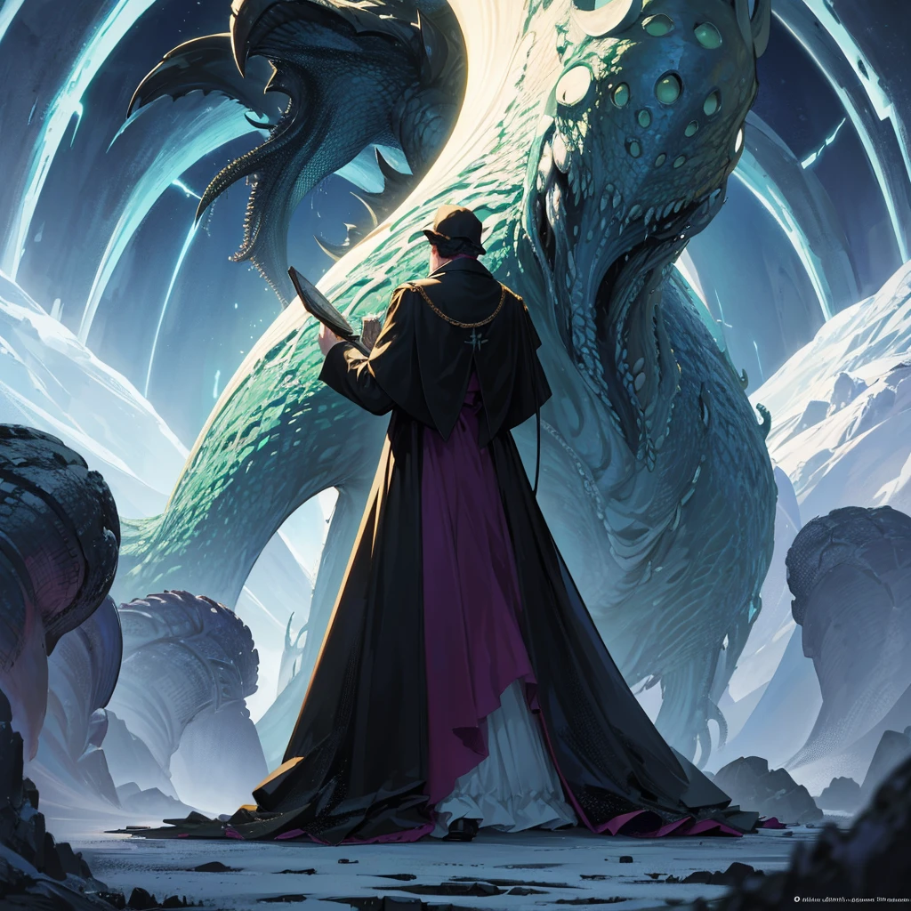 Wide Shot, action, A magnificent composition, Photo of the tallest (Cthulhu Bishop:1) Lovecraft's Cult of Cthulhu