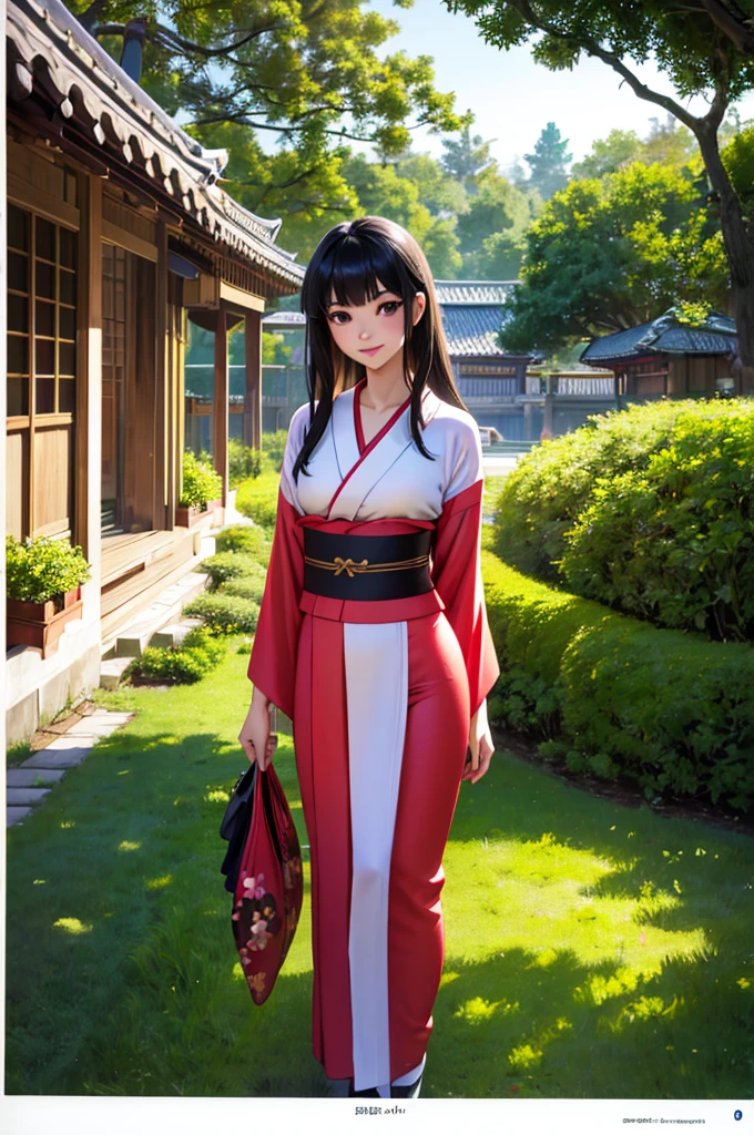 Japanese girl looking at viewer, (8k, raw photo, masterpiece:1.3), (realist, photorealist:1.1), 1 girl, Best Quality ,hyper detailed, High resolution, Skinny body, (happy, happy,smile:0.9), casa oriental, outdoor, field, thighs, (kimono:1.2),medium chest, long black hair