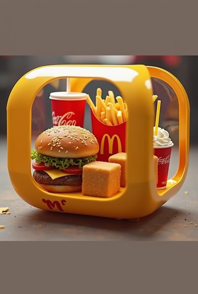 Créer moi une marque de nourriture qui s'appelle : Smart-food, ils proposent des nouritures de fast food livré dans une boite en plastique transparent, la boite edt un carré avec des bords arrondis et une ouverture,, la nourriture doit être Géométrique, avoir des formes carrés, comme un burger et des frited carrés, un coca cola carré, et des nuggets basiques, et un McFlurry carré, a bord arrondis, toutes les nourritures sont rassembles dans un seul conteneur, les nourriture doivent etre carrés