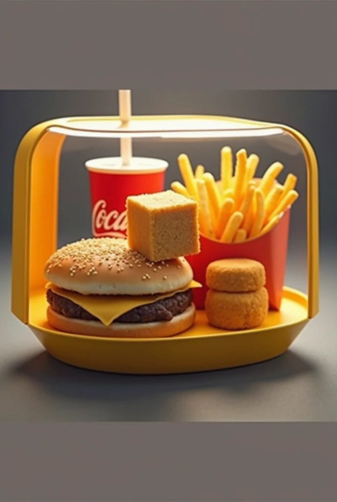 Créer moi une marque de nourriture qui s'appelle : Smart-food, ils proposent des nouritures de fast food livré dans une boite en plastique transparent, la boite edt un carré avec des bords arrondis et une ouverture,, la nourriture doit être Géométrique, avoir des formes carrés, comme un burger et des frited carrés, un coca cola carré, et des nuggets basiques, et un McFlurry carré, a bord arrondis, toutes les nourritures sont rassembles dans un seul conteneur, les nourriture doivent etre carrés