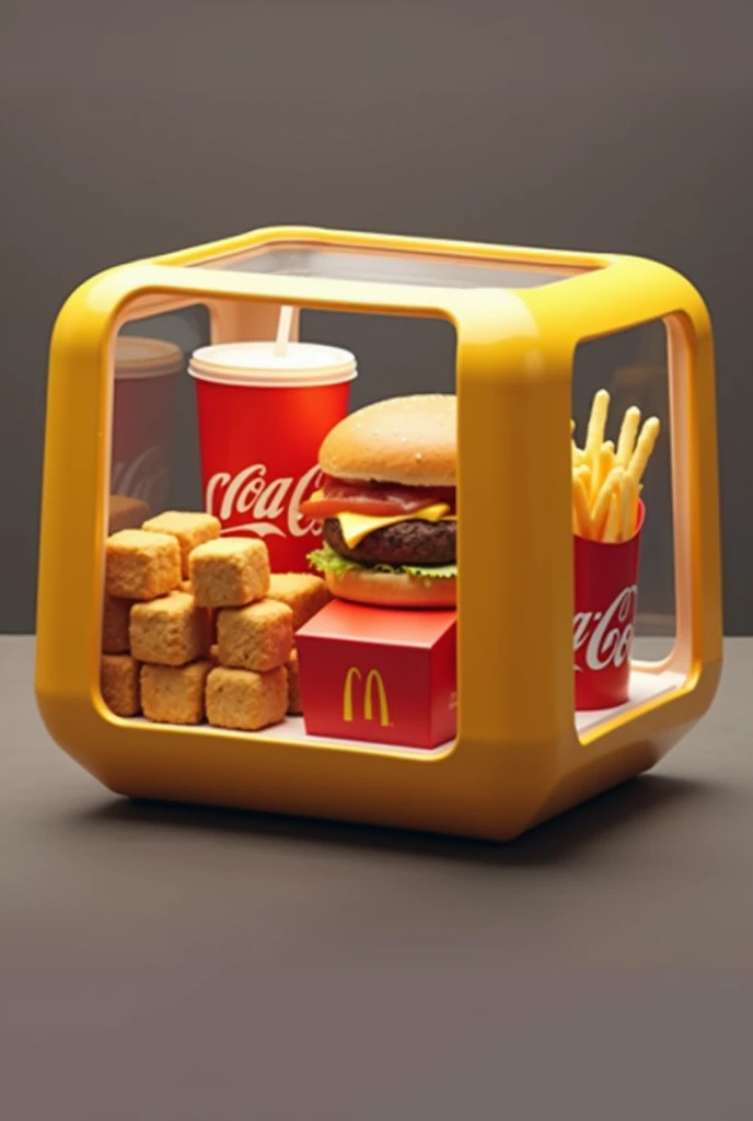 Créer moi une marque de nourriture qui s'appelle : Smart-food, ils proposent des nouritures de fast food livré dans une boite en plastique transparent, la boite edt un carré avec des bords arrondis et une ouverture,, la nourriture doit être Géométrique, avoir des formes carrés, comme un burger et des frited carrés, un coca cola carré, et des nuggets basiques, et un McFlurry carré, a bord arrondis, toutes les nourritures sont rassembles dans un seul conteneur, les nourriture doivent etre carrés