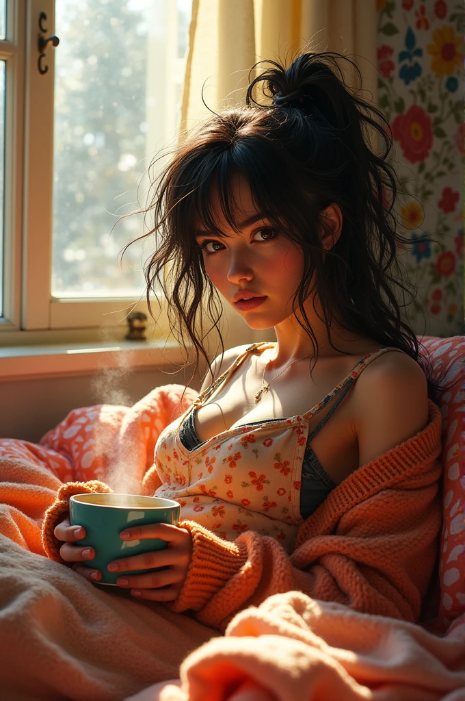 Photorealistic, Punky girl, long flowing disheveled hair and stray tendrils, perfect features, expressive eyes, flirty and mischievous, sitting in big fluffy bed drinking coffee, all attention focused on her morning coffee, magical and vibrant, sun shinning through window, octane render, intricate details, masterpiece art,, Carne Griffin, Jasmine Beckett Griffith