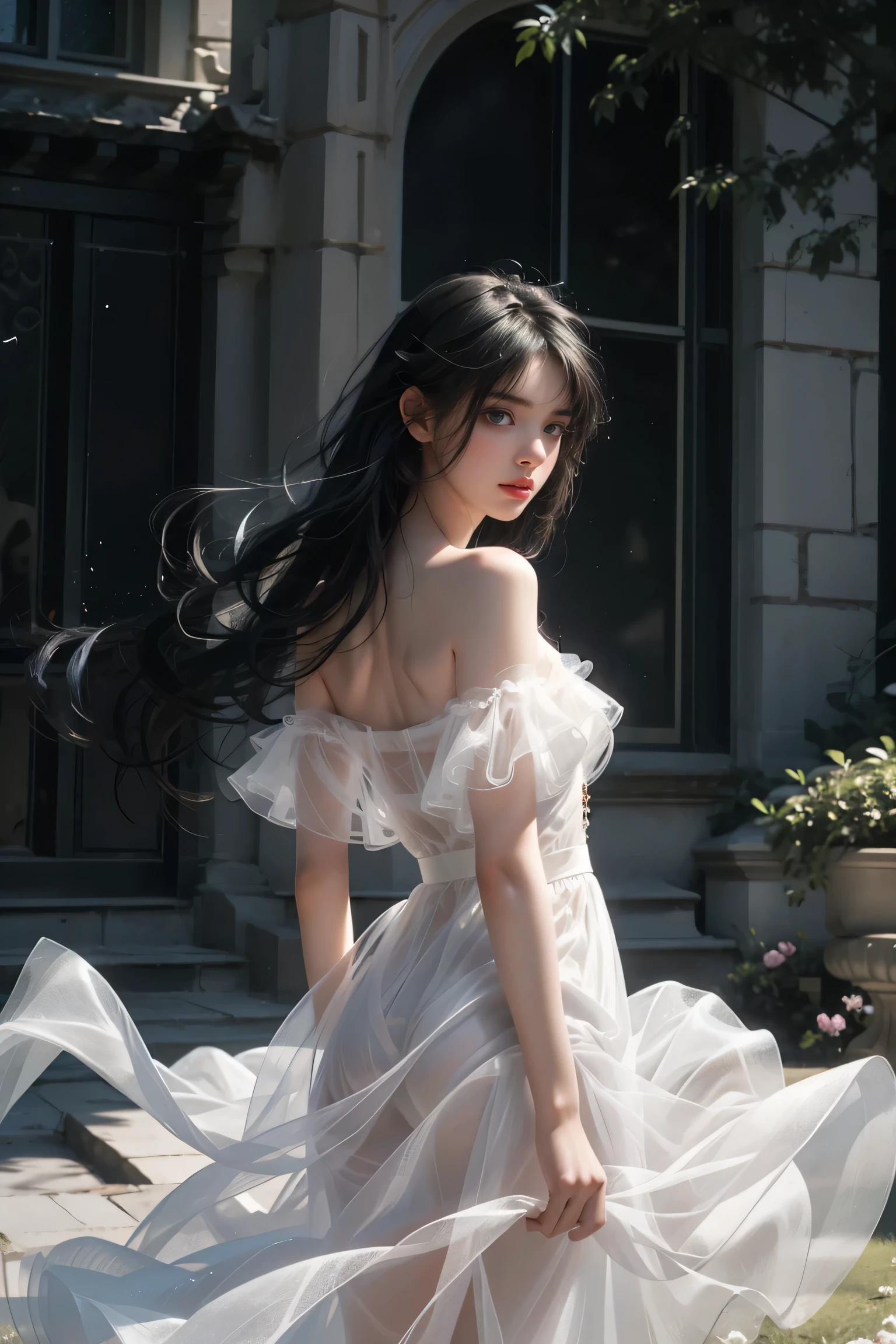 ((Girl standing in front of the wall of an old castle))、Fluorescent color、1 girl、Look to the side、Beautiful Face、Beautiful Eyes、(Off the shoulder:1.2)、Upper Body、Shiny Hair、Glowing Skin、 Reduce glare、Adjusted finger proportions、escrow、ass pov、Dynamic Angle、(((Master Parts)))、(((Highest quality)))、(((Super-detailed))) detailed)、(An illustration)、(detailedな光)、(Very delicate and beautiful)、dramatic_Shadow、Ray_Tracking、reflection、 Ultra-high resolution、((A girl with colorful hair and black hair with mesh))、 Her hair flutters in the wind、(big deep blue eyes)、Black-haired woman、 Sparkling butterfly、Black-haired woman、Points of light around the woman、Magical Aura、Green dot、About Auras Nature、超Magical AuraBlack-haired woman,((Translucent white open shoulder dress:1.3))、(Sleeveless)、((My skirt is flying up in the wind)),((An old European castle looms in the distance)),
