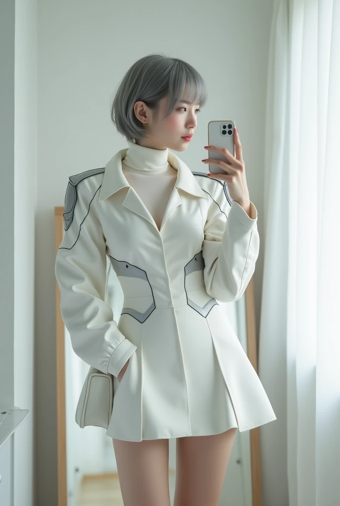 highly detailed, beautiful, hyper Realistic girl, masterpiece, best quality, Japanese sexy gravure woman, 28 years old, identity hidden, takes a selfie in her room using a smartphone in front of a mirror with one hand, One arm raised,She covers her mouth with one hand, looking away from the camera,   ///  gray short hair, light color eyes, Realistic skin, Detailed face, /// Design a futuristic fall fashion ensemble centered on white, keeping in line with minimalist aesthetics. The outfit should include a white, form-fitting turtleneck with metallic accents and asymmetrical sleeves, paired with a high-waisted, white A-line skirt made from a tech fabric that has a slight sheen. Layer with a structured, short white jacket featuring angular shoulder pads and reflective panels. Complete the look with white ankle boots that have a metallic finish and a translucent, geometric bag. The overall vibe should exude a sleek, forward-thinking style that seamlessly blends modern minimalism with a touch of the future, /// Monotone simple modern taste single room, mirror, complicated background,