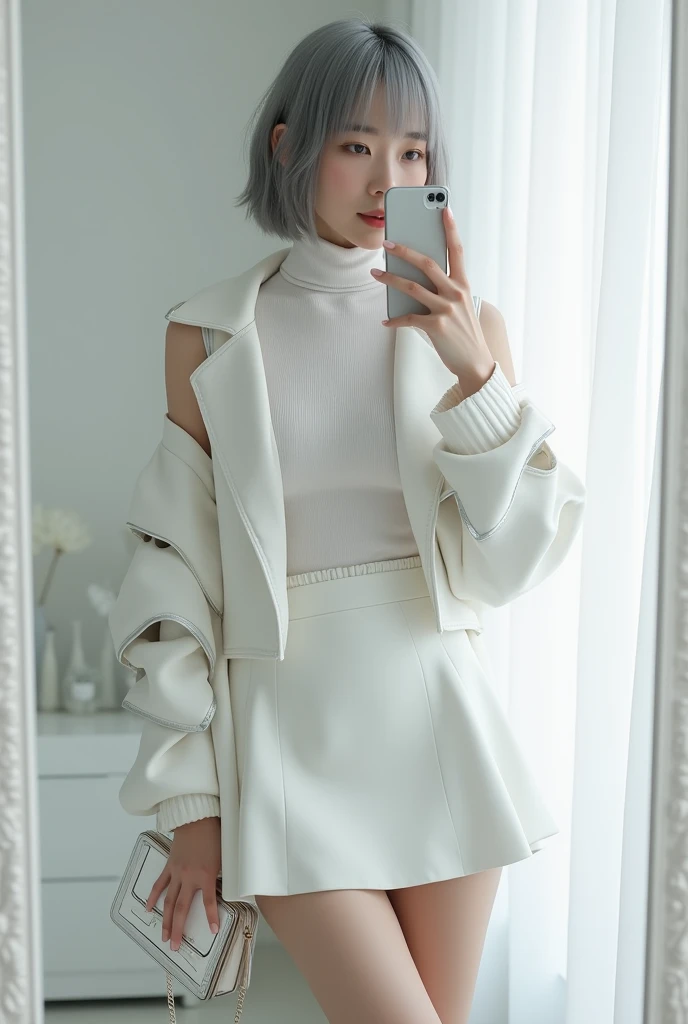 highly detailed, beautiful, hyper Realistic girl, masterpiece, best quality, Japanese sexy gravure woman, 28 years old, identity hidden, takes a selfie in her room using a smartphone in front of a mirror with one hand, One arm raised,She covers her mouth with one hand, looking away from the camera, /// gray short hair, light color eyes, Realistic skin, Detailed face, /// Design a futuristic fall fashion ensemble centered on white, keeping in line with minimalist aesthetics. The outfit should include a white, form-fitting turtleneck with metallic accents and asymmetrical sleeves, paired with a high-waisted, white A-line skirt made from a tech fabric that has a slight sheen. Layer with a structured, short white jacket featuring angular shoulder pads and reflective panels. Complete the look with white ankle boots that have a metallic finish and a translucent, geometric bag. The overall vibe should exude a sleek, forward-thinking style that seamlessly blends modern minimalism with a touch of the future, /// Monotone simple modern taste single room, mirror, complicated background,