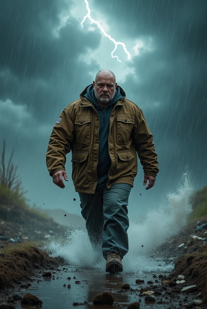 Generates a very strong, slightly fat, bald man walking backwards into a storm 