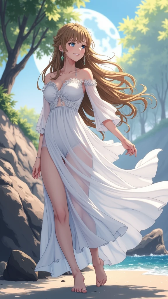 (masterpiece、Highest quality、8k、High resolution)、(The best beautiful girl)、Best Style、(The most beautiful face)、Clear skin、Clean blue eyes、Beautiful lips、smile、Beautiful white upper teeth、Beautiful nose、Blonde Hair、Ample breasts、Walking on the sand、look back、Ocean、You can see the forest、A bright night with stars visible、Beautiful starry sky、full moon、milky way、(体whole bodyから神秘的な光の粒子、Colorful Light)、(jewelry、necklace)、dress、(whole body)、Highly detailed anime art、A complete portrayal、Detailed CG、