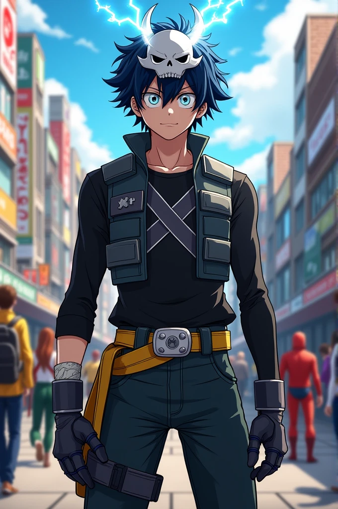 Sixteen year old boy with black hair with a dark blue lock of good musculature, long-sleeved black shirt, dark gray combat vest with an X on the chest, black combat pants, metallic black gloves with white, a black helmet with a white skull drawn with blue rays around it, a yellow bandage around the waist who lives in My hero academia