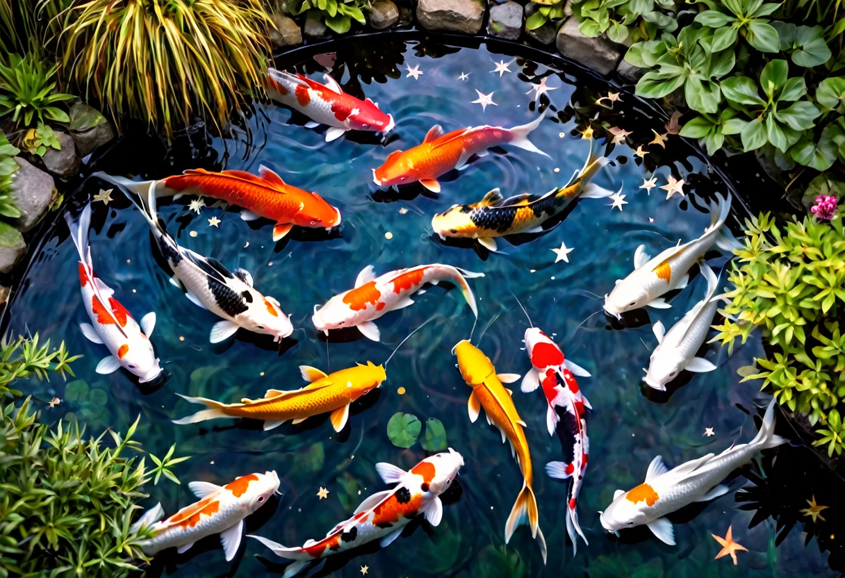 koi pond, serene surface, a few colorful koi swim, an amazing starry sky is reflected on the waters surface, viewed from above, otherworldly beauty
