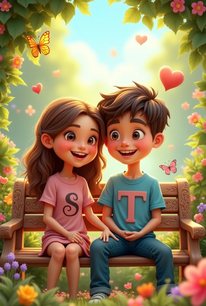 Generate a picture of a cartoon couple sitting together on bench in beautiful garden full of flowers and hearts they should be wearing some color cute shirts and S latter should be written in girls shirt and T should be written in boy shirt