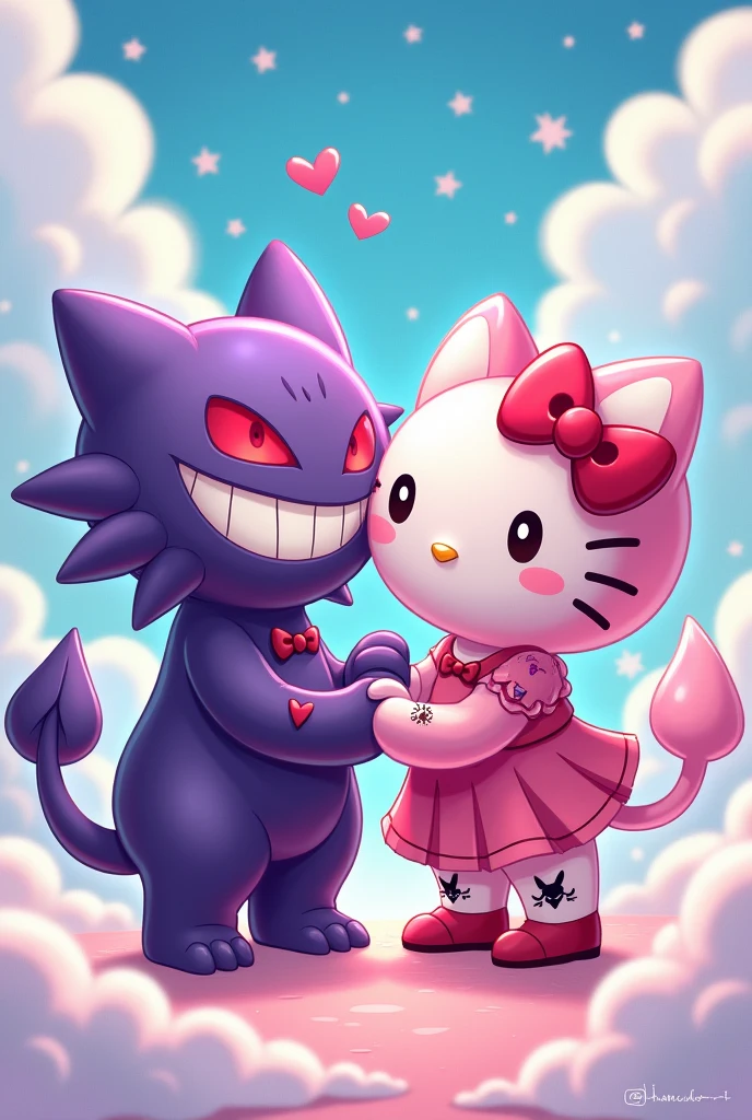 Gengar and hello kitty, pink iconic character, with clothes, couple, Kiss, 2D, tattoo, devil