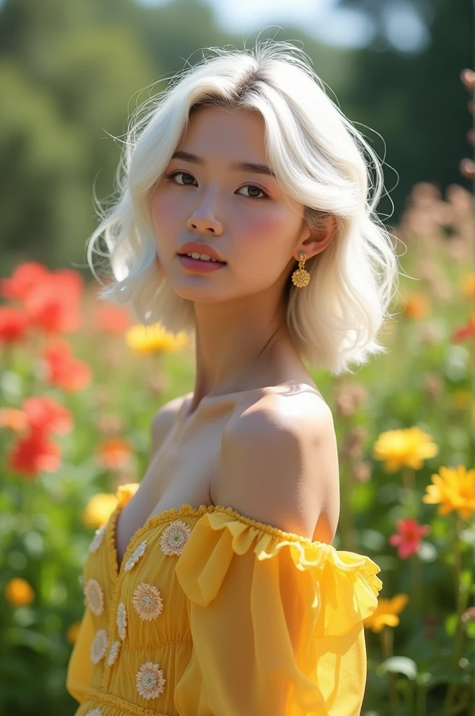 real person.
Asian, 23 year old man with effeminate features.
brown skin, olive green eyes, pink lips, white wavy hair down to the shoulders.
yellow dress.
