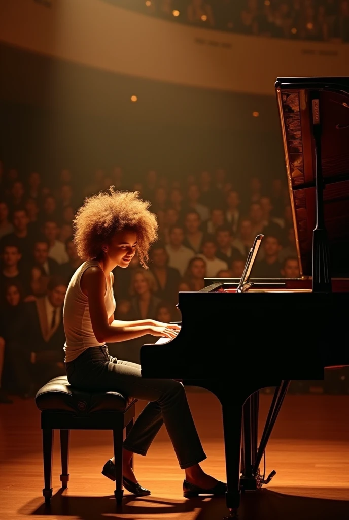 A pianist with curly hair, send a flying kiss